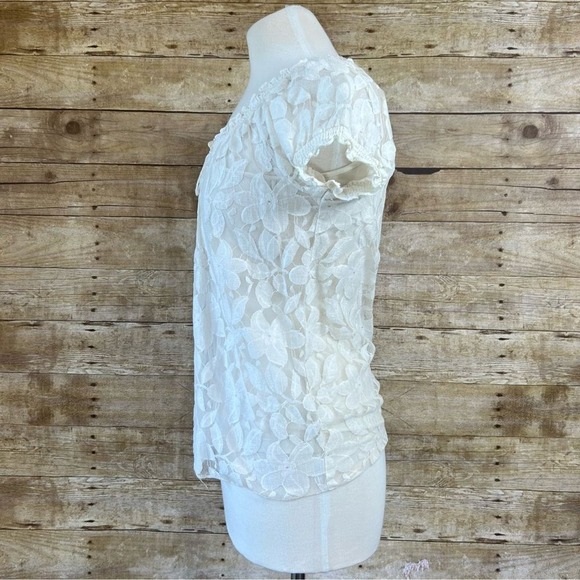 Trulli Petite Ivory Floral Lace Peasant Blouse Smocked Tie Neck Short Sleeve XSP - Picture 5 of 7